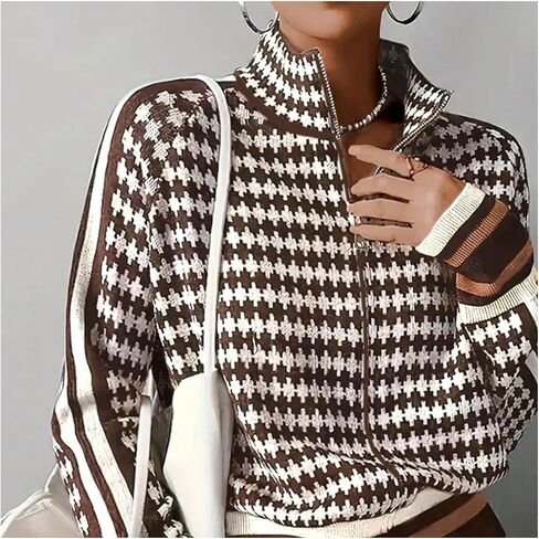WDIRARA Women's Houndstooth Zip Up Cardigan Sweaters Long Sleeve Knit Cardigans Jacket in Saudi Arabia