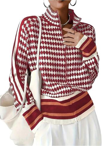 WDIRARA Women's Houndstooth Zip Up Cardigan Sweaters Long Sleeve Knit Cardigans Jacket in Saudi Arabia