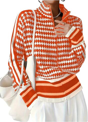 WDIRARA Women's Houndstooth Zip Up Cardigan Sweaters Long Sleeve Knit Cardigans Jacket in Saudi Arabia