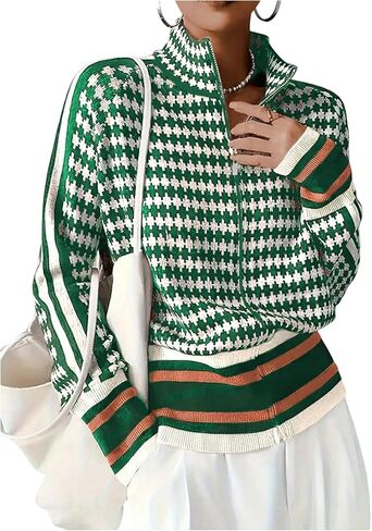WDIRARA Women's Houndstooth Zip Up Cardigan Sweaters Long Sleeve Knit Cardigans Jacket in Saudi Arabia