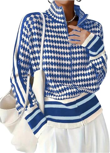 WDIRARA Women's Houndstooth Zip Up Cardigan Sweaters Long Sleeve Knit Cardigans Jacket in Saudi Arabia