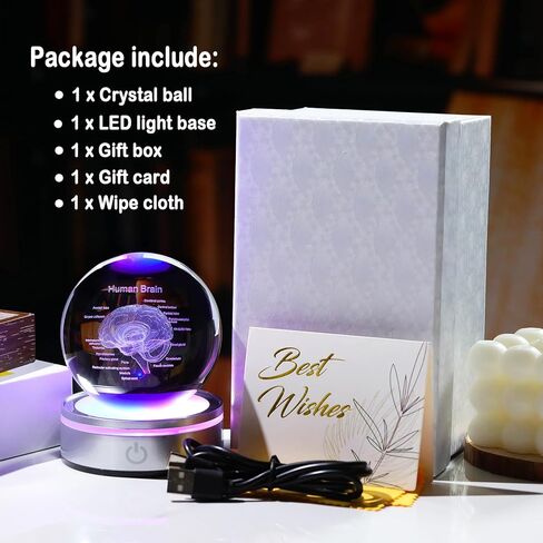 3D Human Brain 3.15 in. Crystal Ball Gifts for Him Her, Human Brain Anatomical Mini Model with Colorful Light Base for Neurologist Doctor Pharmacist, Physiology Graduation Gifts for Medical Students in Saudi Arabia