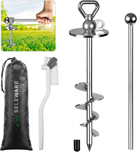 SELEWARE 17 Inch Dog Tie Out Stake, Rust Proof 360° Swivel Ground Anchor for Large Dogs up to 220 lbs, Heavy Duty No Tangle Dog Stake for Yard Beach Camping Outside and Use for Any Dog Tie Out Cable in Kuwait