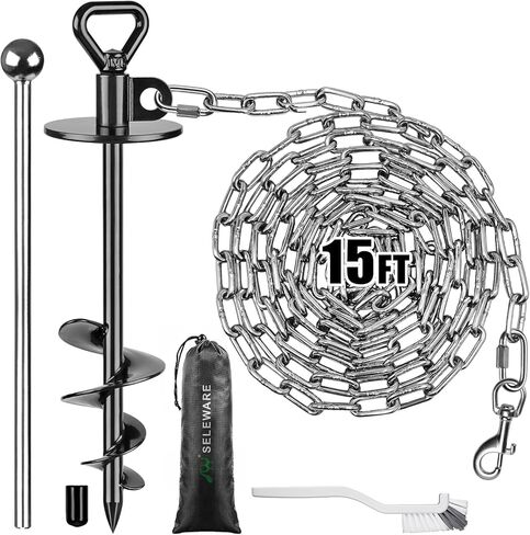 SELEWARE 17 Inch Dog Tie Out Stake, Rust Proof 360° Swivel Ground Anchor for Large Dogs up to 220 lbs, Heavy Duty No Tangle Dog Stake for Yard Beach Camping Outside and Use for Any Dog Tie Out Cable in Kuwait