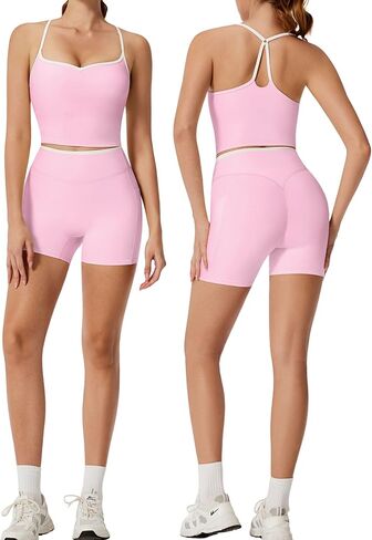 RXRXCOCO مجموعات تجريب كتلة اللون للنساء 2 قطعة مبطن Strappy تانك القمم المخفية سكرنش الغنيمة السراويل مع جيوب in Kuwait