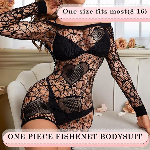 FHSEER- Womens Lingerie Fishnet Dress Lace Sexy Outfit Long Sleeve Mesh Body Suit Hallow Out Nightwear Love Pattern in Saudi Arabia