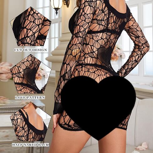 FHSEER- Womens Lingerie Fishnet Dress Lace Sexy Outfit Long Sleeve Mesh Body Suit Hallow Out Nightwear Love Pattern in Saudi Arabia