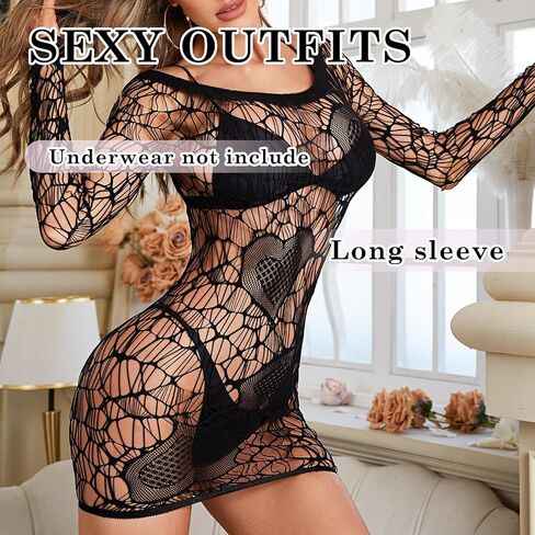 FHSEER- Womens Lingerie Fishnet Dress Lace Sexy Outfit Long Sleeve Mesh Body Suit Hallow Out Nightwear Love Pattern in Saudi Arabia