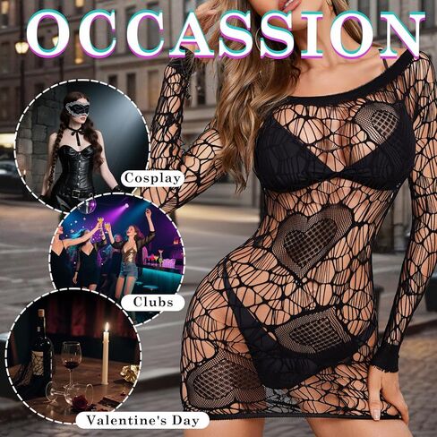 FHSEER- Womens Lingerie Fishnet Dress Lace Sexy Outfit Long Sleeve Mesh Body Suit Hallow Out Nightwear Love Pattern in Saudi Arabia