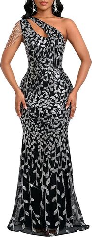 Cololura Women Sequin Elegant Sexy One Shoulder Tassel Mermaid Bodycon Cocktail Evening Dress in Kuwait