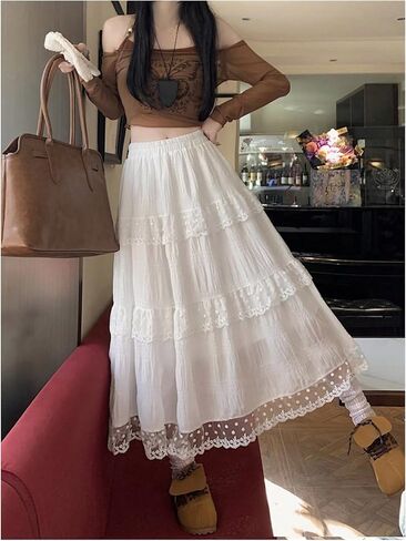 SHENHE Women's Tiered Maxi Skirt Ruffle Lace Embroidered A Line Flowy Elastic Waist Fall Skirt in Saudi Arabia