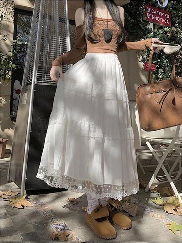 SHENHE Women's Tiered Maxi Skirt Ruffle Lace Embroidered A Line Flowy Elastic Waist Fall Skirt in Saudi Arabia