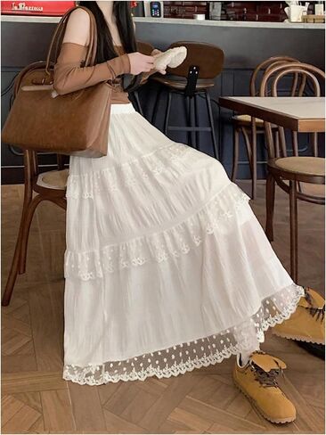SHENHE Women's Tiered Maxi Skirt Ruffle Lace Embroidered A Line Flowy Elastic Waist Fall Skirt in Saudi Arabia