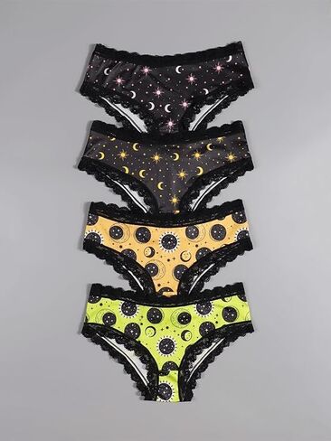 Women's Celestial Print Hipster Panties Set, Black Lace Trim, 4 Count, Moon and Stars Design in Saudi Arabia