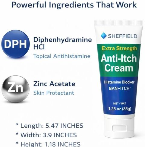 كريم مضاد للحكة بقوة إضافية (1.25 أونصة) - 2% ديفينهيدرامين + أسيتات الزنك - تخفيف سريع لدغات الحشرات، واللبلاب السام، والطفح الجلدي، والحكة الخارجية والتهيج - مسكن موضعي وواقي للبشرة in Kuwait