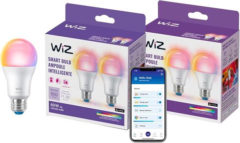 لمبة ذكية LED ملونة WiZ 60W A19 - عبوة من 3 - E26 - داخلي - تتصل بشبكة Wi-Fi الموجودة لديك - التحكم بالصوت أو التطبيق + التنشيط بالحركة - المادة المتوافقة in Kuwait