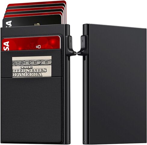 Wallet for Men Slim Card Holder, Minimalist RFID Blocking Wallet with Smart Pop-Up, Ultra-Thin Compact Front Pocket Metal Business Card Case with Money Pocket for Bills & Coins, Gifts for Men, Black in Saudi Arabia