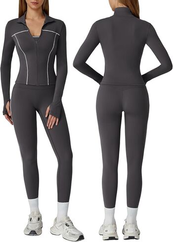 Womens workout sets Contrast Long Sleeve Jacket with Sports Bra and Butt-lifting Pants Yoga Outfits 3 Pieces Set in Saudi Arabia