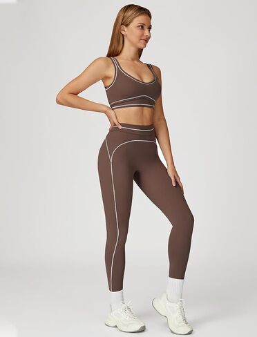 Women 2 Piece Workout U Back Color Block Sports Bra High Waist Tummy Control Active Leggings Yoga Pilates Outfits in Saudi Arabia