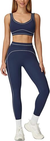 Women 2 Piece Workout U Back Color Block Sports Bra High Waist Tummy Control Active Leggings Yoga Pilates Outfits in Saudi Arabia