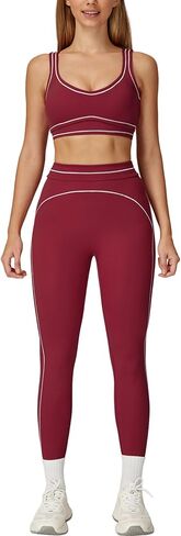 Women 2 Piece Workout U Back Color Block Sports Bra High Waist Tummy Control Active Leggings Yoga Pilates Outfits in Saudi Arabia