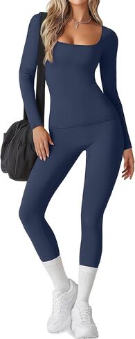 Women's 2 Piece Workout Sets Long Sleeve Yoga Square Neck Top High Waist Leggings Athletic Pants Active Sports Gym in Saudi Arabia