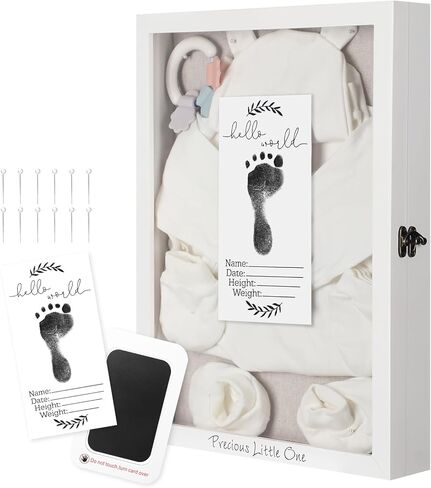 Jetec Baby Shadow Box 12x16 كبير أبيض صندوق تذكار الطفل مع الكتان الخلفي مرحبا العالم حديثي الولادة علامة الحبر وسادة الخشب إطار الذاكرة حالة مع غطاء زجاجي هدية المعمودية للجنس تكشف عن تذكار جديد للأب والأم in Kuwait