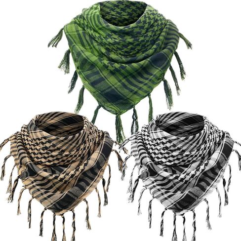 SATINIOR 3 Pcs Shemagh Keffiyeh Head Neck Scarf Turban Unisex Arab Plaid Fringe Scarves with Tassel for Outdoor Camping Accessory(Army Green, Coffee, Sapphire Blue) in Saudi Arabia