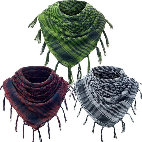 SATINIOR 3 Pcs Shemagh Keffiyeh Head Neck Scarf Turban Unisex Arab Plaid Fringe Scarves with Tassel for Outdoor Camping Accessory(Army Green, Coffee, Sapphire Blue) in Saudi Arabia