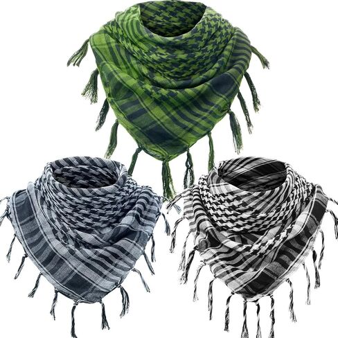 SATINIOR 3 Pcs Shemagh Keffiyeh Head Neck Scarf Turban Unisex Arab Plaid Fringe Scarves with Tassel for Outdoor Camping Accessory(Army Green, Coffee, Sapphire Blue) in Saudi Arabia
