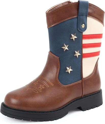 Cowboy/Cowgirl Boots for Boys/Girls Toddler Western Wide Calf Square Toe Kids Boots with Side Zipper (White+ Brown+Dark Brown) in Saudi Arabia