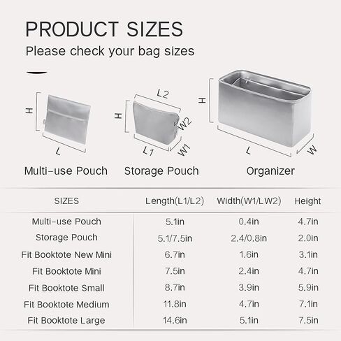 Silky Purse Insert Organizer 3 Set for Booktote Bags, Silk Touch Bag Organizer, Luxury Handbag Shaper,Lightweight (Large, Grey) in Saudi Arabia