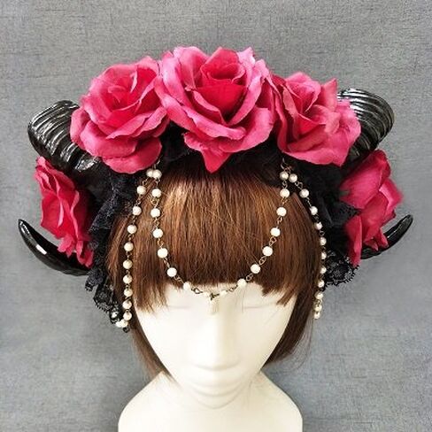 Gothic RAM Horns Headband Hair accessories Red Flowers Chain Crown Costumes Headdress Halloween Party Accessories Katoot (Style B) in Saudi Arabia