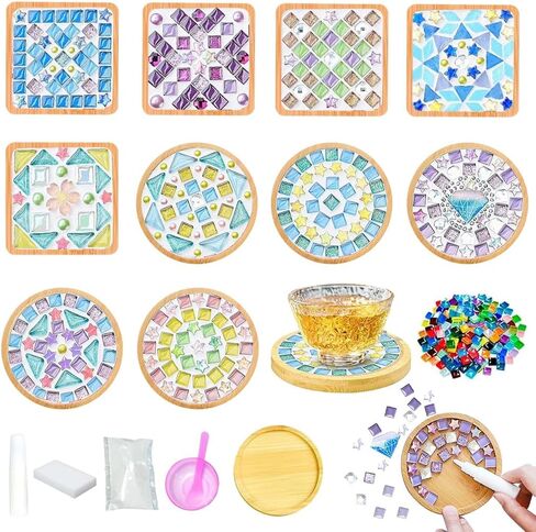 Airsnigi 10 Set DIY Mosaic Tiles for Crafts Mixed Color Mosaic Kits with Wooden Coasters Handmade Glass Coasters Crafts Set for Adult Creative Handmade Home Decoration Gift in Kuwait