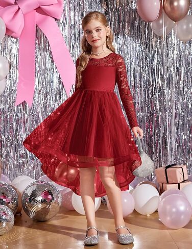 Arshiner Flower Girl Lace Tutu Dresses High Low Hem Long Sleeve Flowy Formal Party Wedding Dress in Saudi Arabia