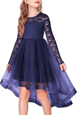 Arshiner Flower Girl Lace Tutu Dresses High Low Hem Long Sleeve Flowy Formal Party Wedding Dress in Saudi Arabia