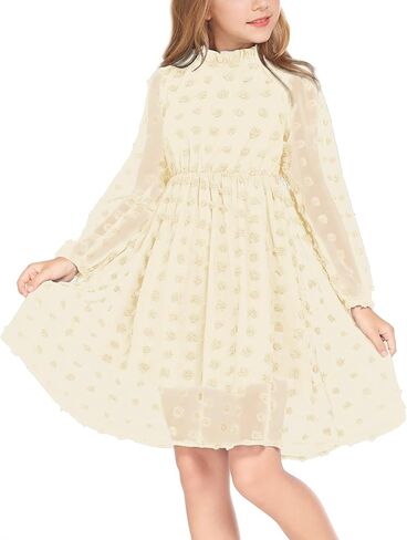Arshiner Girls Dress Long Sleeve Swiss Dot Ruffle Collar Flowy A-Line Party Dress for Kids 5-13Y in Saudi Arabia