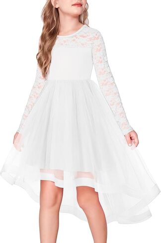 Arshiner Flower Girl Lace Tutu Dresses High Low Hem Long Sleeve Flowy Formal Party Wedding Dress in Saudi Arabia