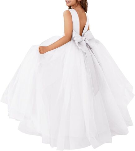 Flower Girl Dresses Satin Tulle Princess Pageant Dress for Wedding Kids Pearls Prom Ball Gowns with Bow-Knot in Saudi Arabia