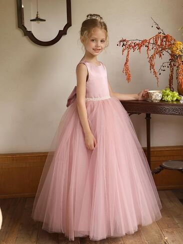 Flower Girl Dresses Satin Tulle Princess Pageant Dress for Wedding Kids Pearls Prom Ball Gowns with Bow-Knot in Saudi Arabia