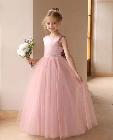 Flower Girl Dresses Satin Tulle Princess Pageant Dress for Wedding Kids Pearls Prom Ball Gowns with Bow-Knot in Saudi Arabia