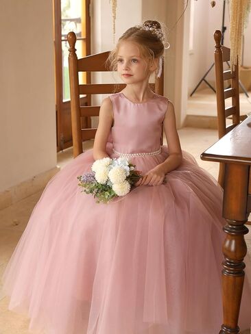 Flower Girl Dresses Satin Tulle Princess Pageant Dress for Wedding Kids Pearls Prom Ball Gowns with Bow-Knot in Saudi Arabia