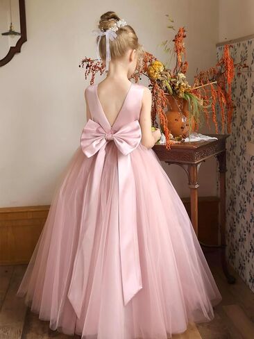 Flower Girl Dresses Satin Tulle Princess Pageant Dress for Wedding Kids Pearls Prom Ball Gowns with Bow-Knot in Saudi Arabia