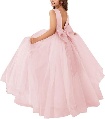 Flower Girl Dresses Satin Tulle Princess Pageant Dress for Wedding Kids Pearls Prom Ball Gowns with Bow-Knot in Saudi Arabia
