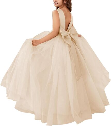 Flower Girl Dresses Satin Tulle Princess Pageant Dress for Wedding Kids Pearls Prom Ball Gowns with Bow-Knot in Saudi Arabia