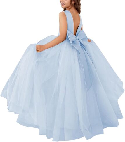 Flower Girl Dresses Satin Tulle Princess Pageant Dress for Wedding Kids Pearls Prom Ball Gowns with Bow-Knot in Saudi Arabia