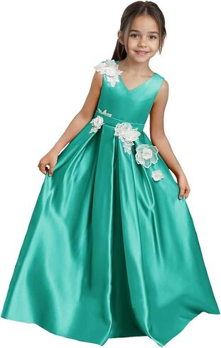 فستان فتاة زهرة الساتان لحفلات الزفاف بدون أكمام ثلاثية الأبعاد الأزهار الخامس الرقبة القوس عقدة حزام طويل الخامس الظهر الأميرة فستاين سهرة/فساتين الحفلات in Kuwait