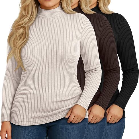 Riyiper 3 Pack Women's Plus Size Mock Turtleneck Tops, Long Sleeve Slim Fit Ribbed T-Shirts Pullover Sweater Basic Layer Top in Kuwait