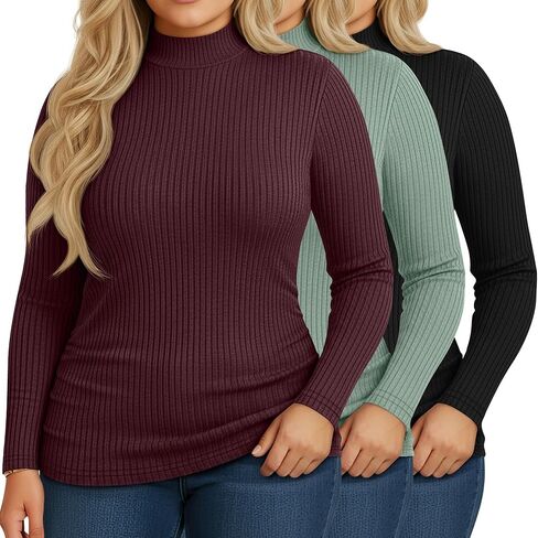 Riyiper 3 Pack Women's Plus Size Mock Turtleneck Tops, Long Sleeve Slim Fit Ribbed T-Shirts Pullover Sweater Basic Layer Top in Saudi Arabia