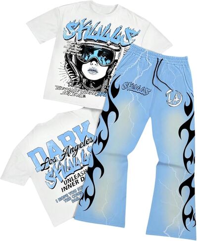 SHENHE Men's 2 Piece Outfits Short Sleeve Graphic Tee Shirt and Flare Sweatpants Set Streetwear in Saudi Arabia